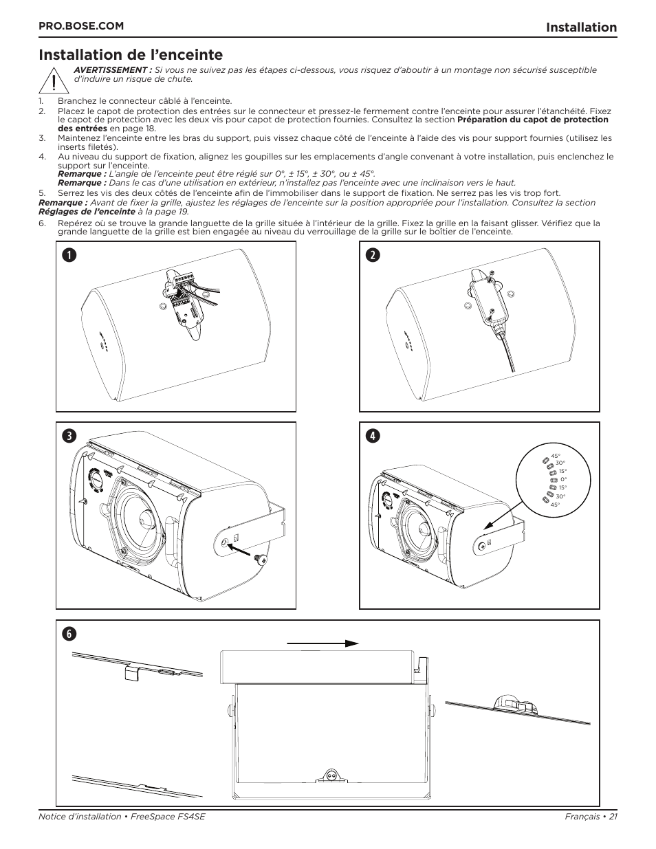 We q, Installation de l’enceinte, Installation | Bose Professional FreeSpace FS4SE Surface-Mount Indoor/Outdoor Passive Loudspeaker (Pair, Black) User Manual | Page 21 / 88