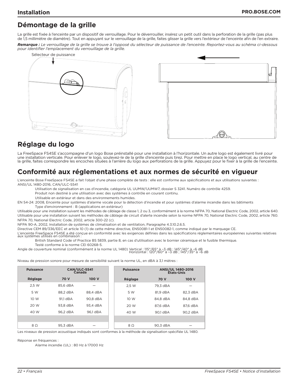 Démontage de la grille, Réglage du logo, Installation | Bose Professional FreeSpace FS4SE Surface-Mount Indoor/Outdoor Passive Loudspeaker (Pair, Black) User Manual | Page 22 / 88
