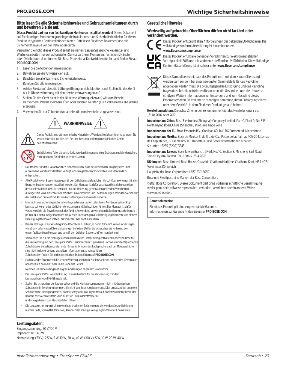 Installationsanleitung, Wichtige sicherheitshinweise | Bose Professional FreeSpace FS4SE Surface-Mount Indoor/Outdoor Passive Loudspeaker (Pair, Black) User Manual | Page 23 / 88