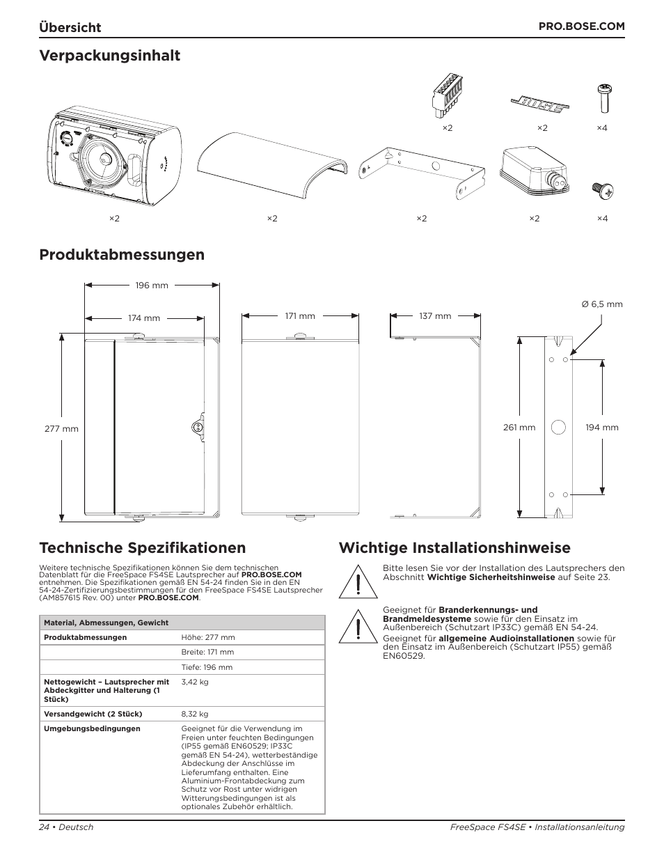 Verpackungsinhalt produktabmessungen, Technische spezifikationen, Wichtige installationshinweise | Übersicht | Bose Professional FreeSpace FS4SE Surface-Mount Indoor/Outdoor Passive Loudspeaker (Pair, Black) User Manual | Page 24 / 88