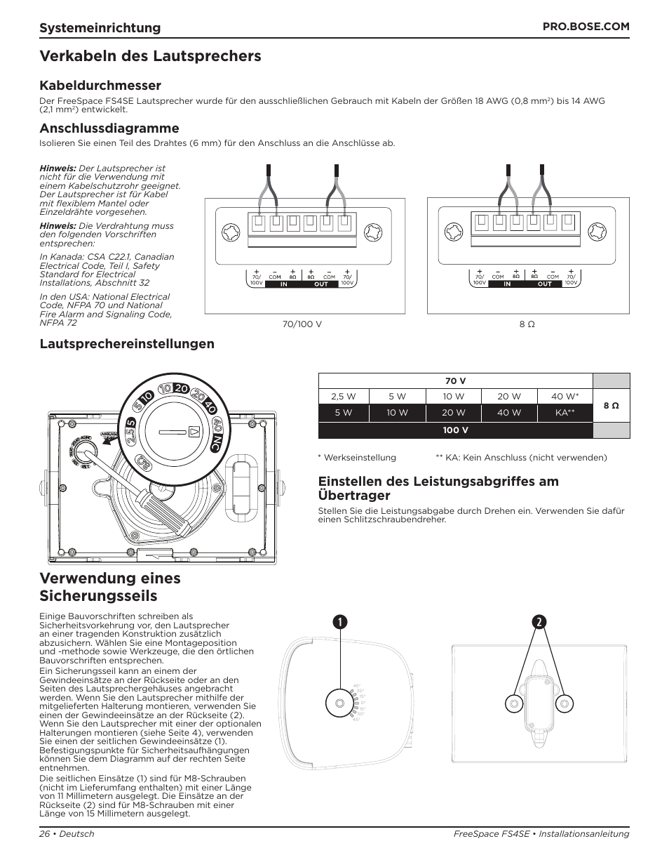 Verkabeln des lautsprechers, Verwendung eines sicherungsseils, Systemeinrichtung | Kabeldurchmesser, Anschlussdiagramme, Lautsprechereinstellungen, Einstellen des leistungsabgriffes am übertrager | Bose Professional FreeSpace FS4SE Surface-Mount Indoor/Outdoor Passive Loudspeaker (Pair, Black) User Manual | Page 26 / 88