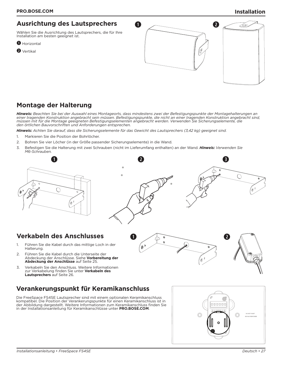 Qw e, Ausrichtung des lautsprechers, Montage der halterung | Verkabeln des anschlusses, Verankerungspunkt für keramikanschluss | Bose Professional FreeSpace FS4SE Surface-Mount Indoor/Outdoor Passive Loudspeaker (Pair, Black) User Manual | Page 27 / 88