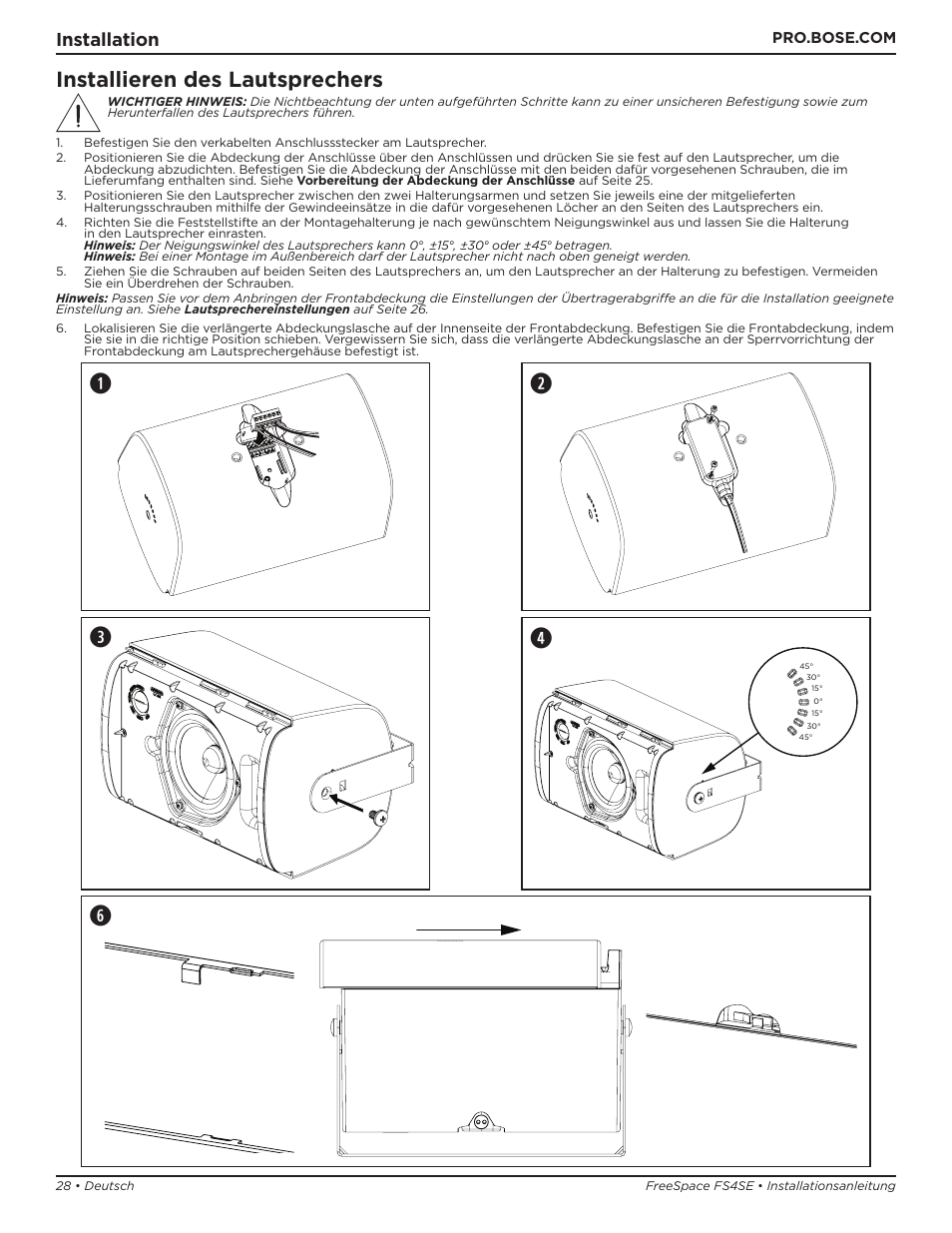 We q, Installieren des lautsprechers, Installation | Bose Professional FreeSpace FS4SE Surface-Mount Indoor/Outdoor Passive Loudspeaker (Pair, Black) User Manual | Page 28 / 88