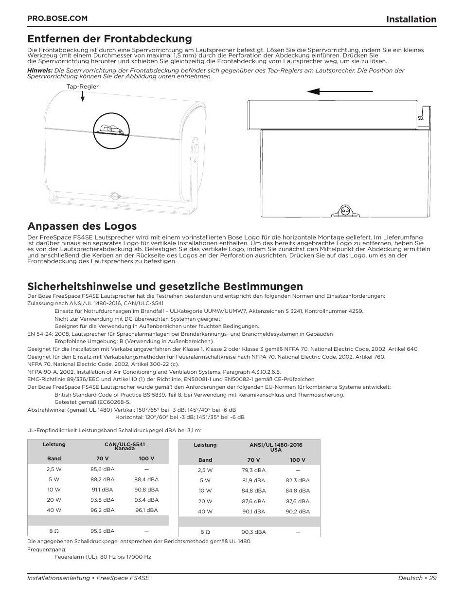 Entfernen der frontabdeckung, Anpassen des logos, Sicherheitshinweise und gesetzliche bestimmungen | Installation | Bose Professional FreeSpace FS4SE Surface-Mount Indoor/Outdoor Passive Loudspeaker (Pair, Black) User Manual | Page 29 / 88