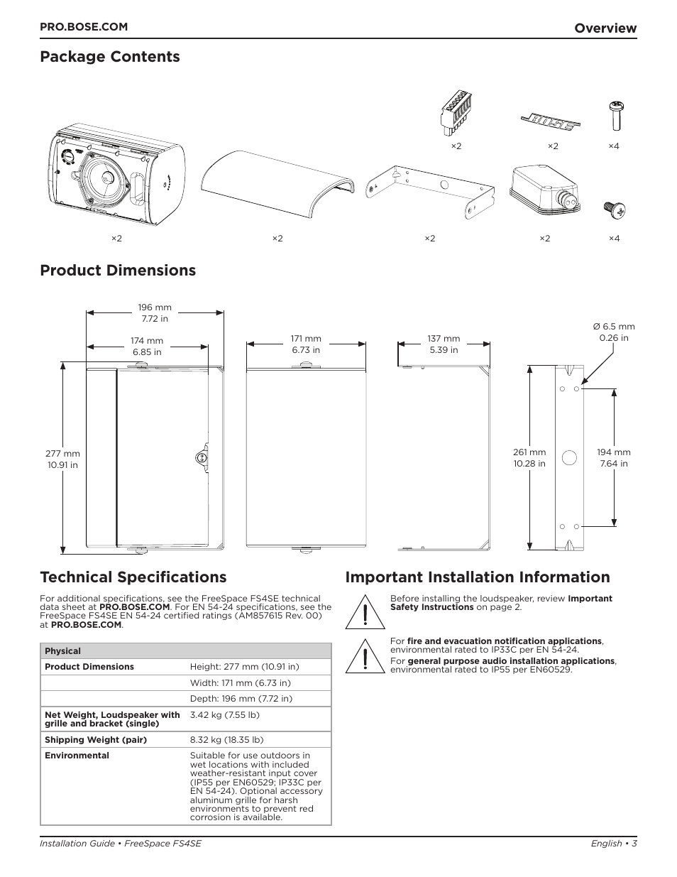 Package contents product dimensions, Technical specifications, Important installation information | Overview | Bose Professional FreeSpace FS4SE Surface-Mount Indoor/Outdoor Passive Loudspeaker (Pair, Black) User Manual | Page 3 / 88