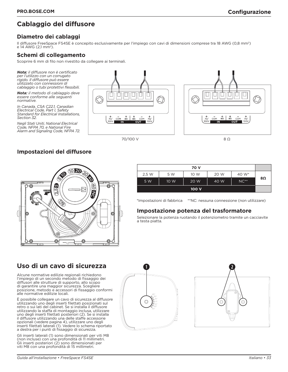 Cablaggio del diffusore, Uso di un cavo di sicurezza, Configurazione | Diametro dei cablaggi, Schemi di collegamento, Impostazioni del diffusore, Impostazione potenza del trasformatore | Bose Professional FreeSpace FS4SE Surface-Mount Indoor/Outdoor Passive Loudspeaker (Pair, Black) User Manual | Page 33 / 88