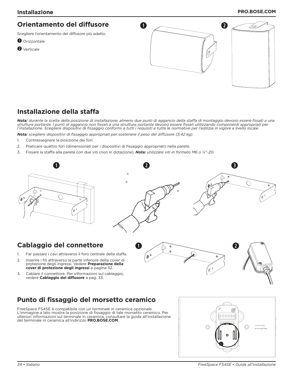 Qw e, Orientamento del diffusore, Installazione della staffa | Cablaggio del connettore, Punto di fissaggio del morsetto ceramico | Bose Professional FreeSpace FS4SE Surface-Mount Indoor/Outdoor Passive Loudspeaker (Pair, Black) User Manual | Page 34 / 88