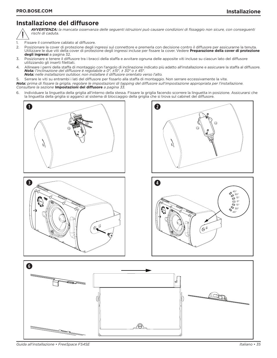 We q, Installazione del diffusore, Installazione | Bose Professional FreeSpace FS4SE Surface-Mount Indoor/Outdoor Passive Loudspeaker (Pair, Black) User Manual | Page 35 / 88