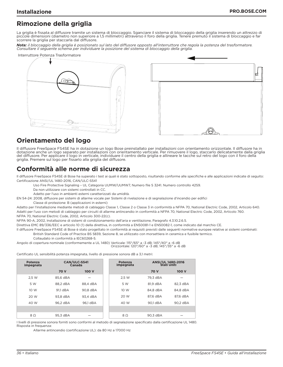 Rimozione della griglia, Orientamento del logo, Conformità alle norme di sicurezza | Installazione | Bose Professional FreeSpace FS4SE Surface-Mount Indoor/Outdoor Passive Loudspeaker (Pair, Black) User Manual | Page 36 / 88