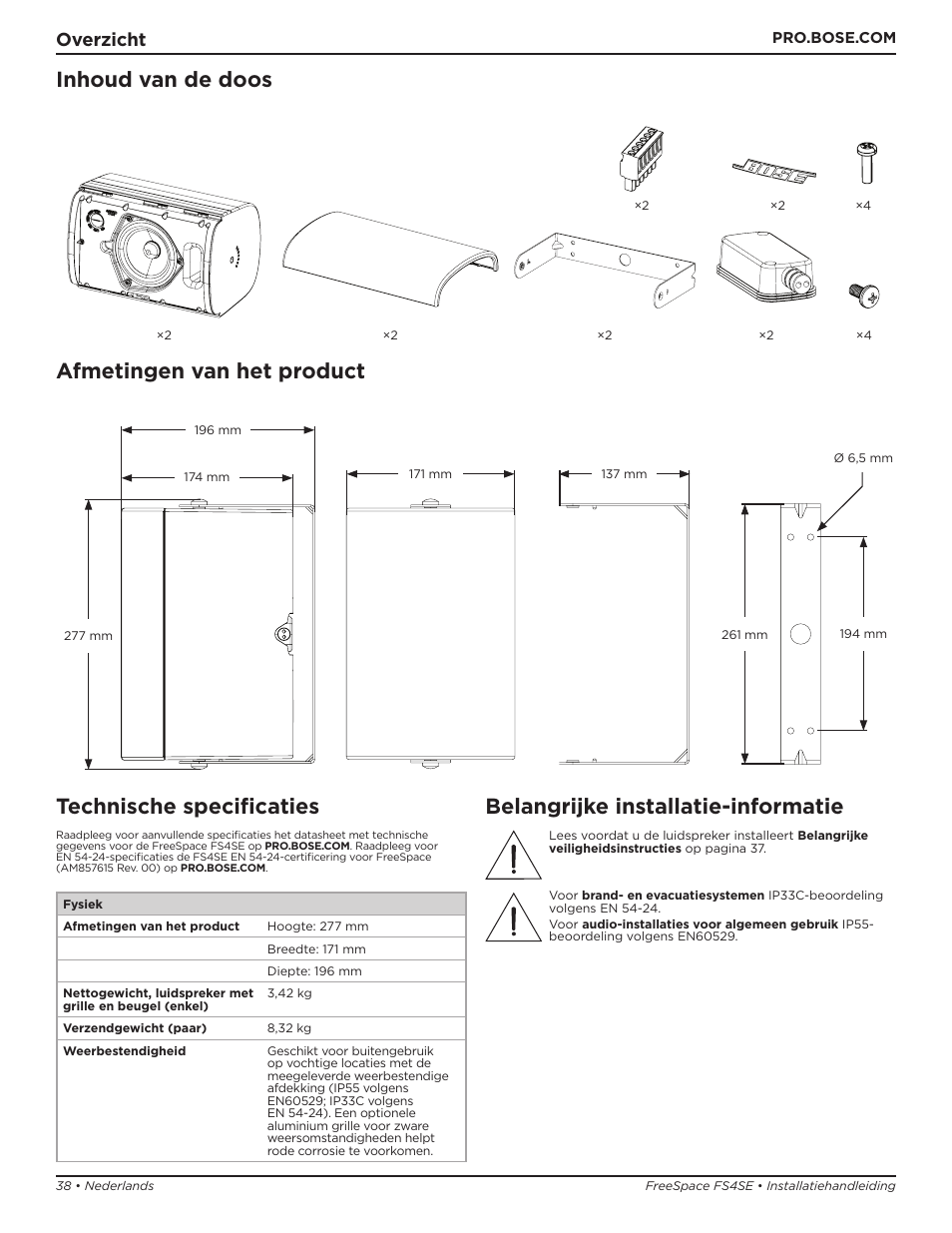 Inhoud van de doos afmetingen van het product, Technische specificaties, Belangrijke installatie-informatie | Overzicht | Bose Professional FreeSpace FS4SE Surface-Mount Indoor/Outdoor Passive Loudspeaker (Pair, Black) User Manual | Page 38 / 88