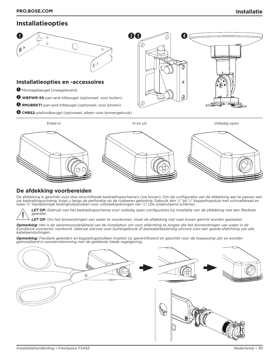 Qe w r, Installatieopties | Bose Professional FreeSpace FS4SE Surface-Mount Indoor/Outdoor Passive Loudspeaker (Pair, Black) User Manual | Page 39 / 88