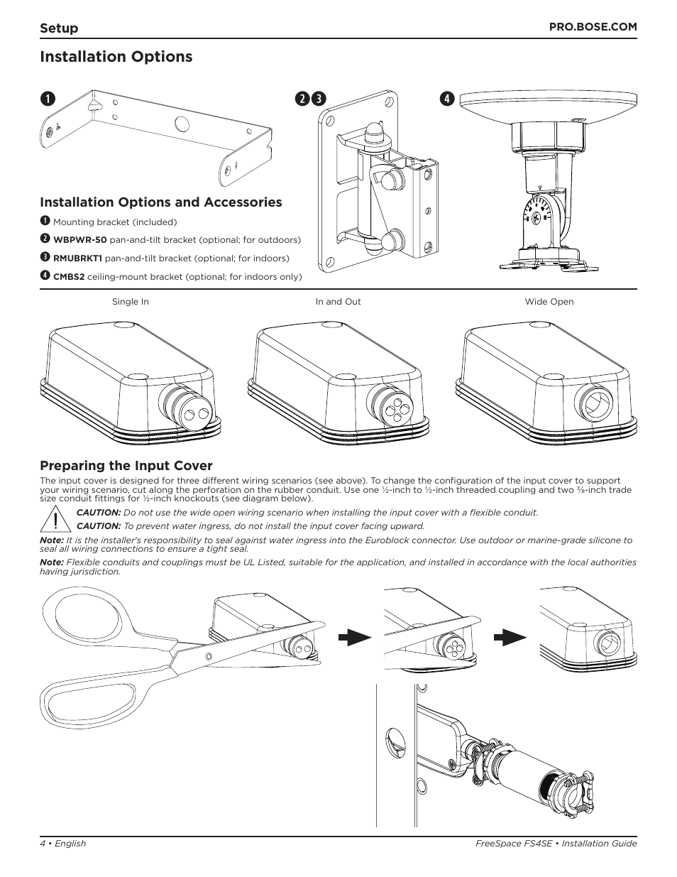 Qe w r, Installation options | Bose Professional FreeSpace FS4SE Surface-Mount Indoor/Outdoor Passive Loudspeaker (Pair, Black) User Manual | Page 4 / 88