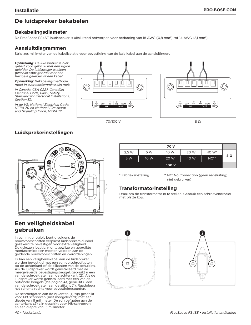 De luidspreker bekabelen, Een veiligheidskabel gebruiken, Installatie | Bekabelingsdiameter, Aansluitdiagrammen, Luidsprekerinstellingen, Transformatorinstelling | Bose Professional FreeSpace FS4SE Surface-Mount Indoor/Outdoor Passive Loudspeaker (Pair, Black) User Manual | Page 40 / 88