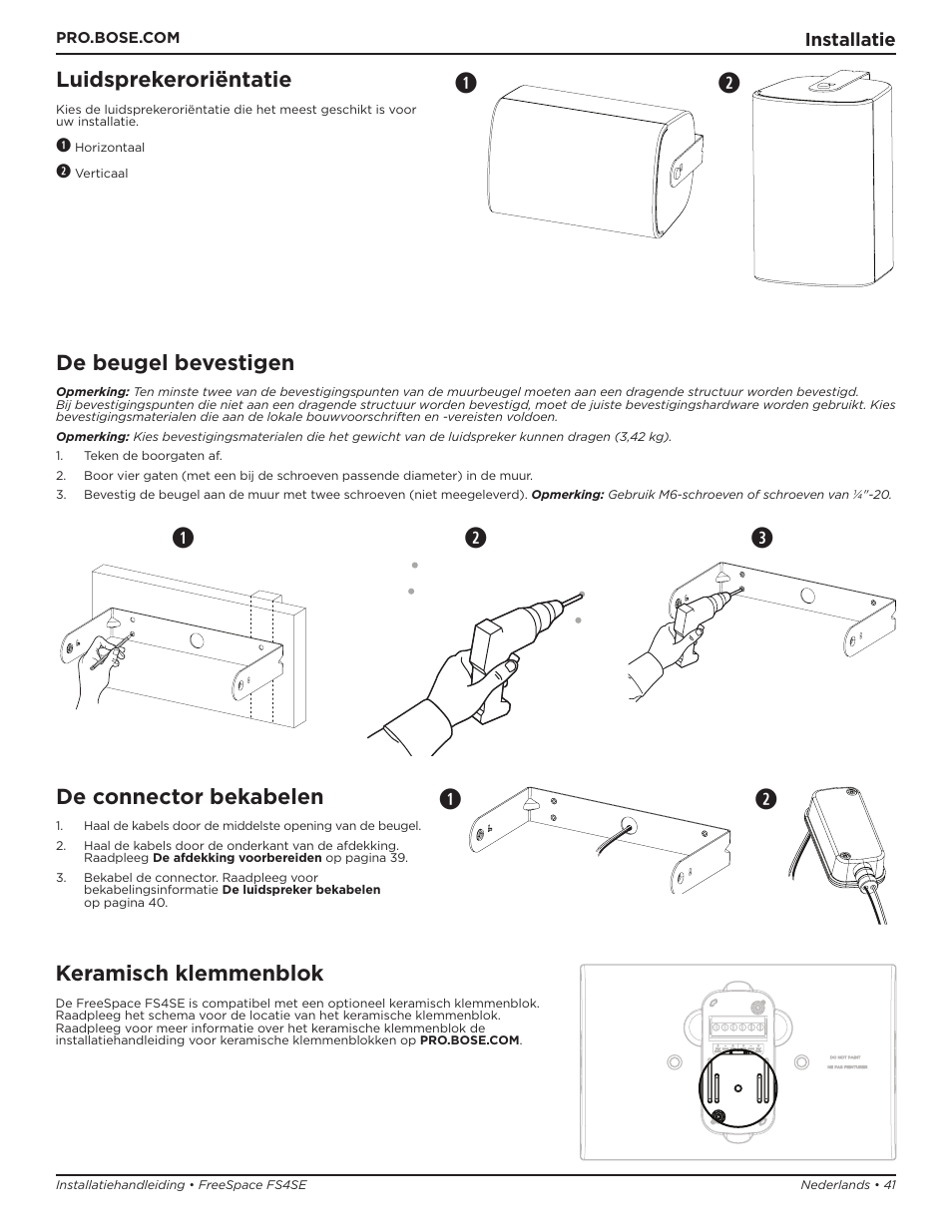 Qw e, Luidsprekeroriëntatie, De beugel bevestigen | De connector bekabelen, Keramisch klemmenblok | Bose Professional FreeSpace FS4SE Surface-Mount Indoor/Outdoor Passive Loudspeaker (Pair, Black) User Manual | Page 41 / 88