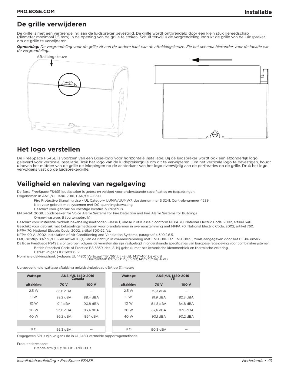 De grille verwijderen, Het logo verstellen, Veiligheid en naleving van regelgeving | Installatie | Bose Professional FreeSpace FS4SE Surface-Mount Indoor/Outdoor Passive Loudspeaker (Pair, Black) User Manual | Page 43 / 88