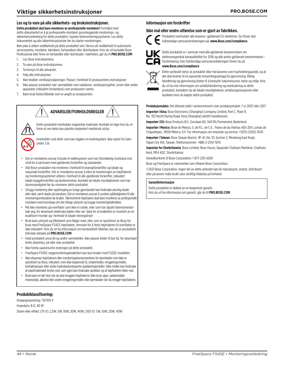 Monteringsveiledning, Viktige sikkerhetsinstruksjoner | Bose Professional FreeSpace FS4SE Surface-Mount Indoor/Outdoor Passive Loudspeaker (Pair, Black) User Manual | Page 44 / 88