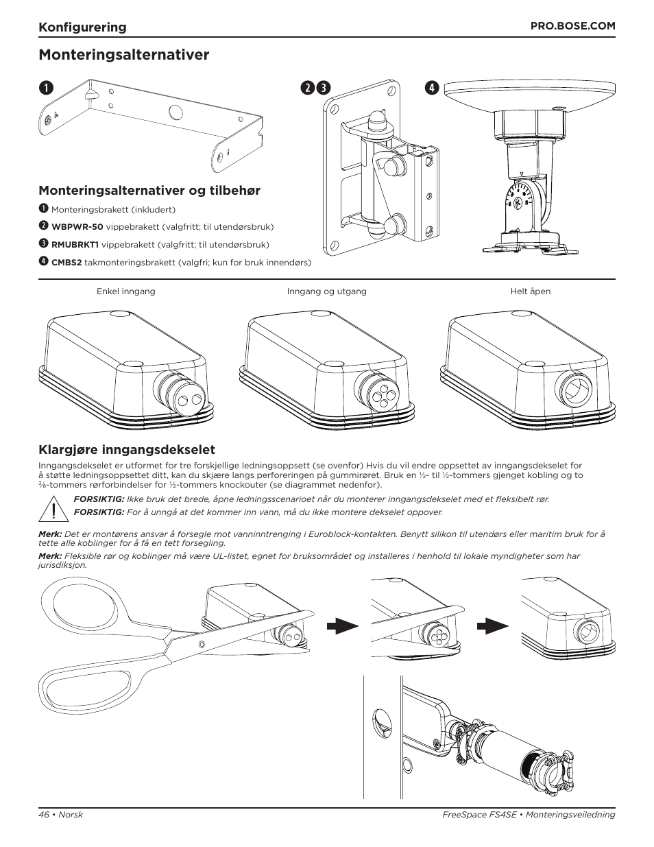 Qe w r, Monteringsalternativer | Bose Professional FreeSpace FS4SE Surface-Mount Indoor/Outdoor Passive Loudspeaker (Pair, Black) User Manual | Page 46 / 88