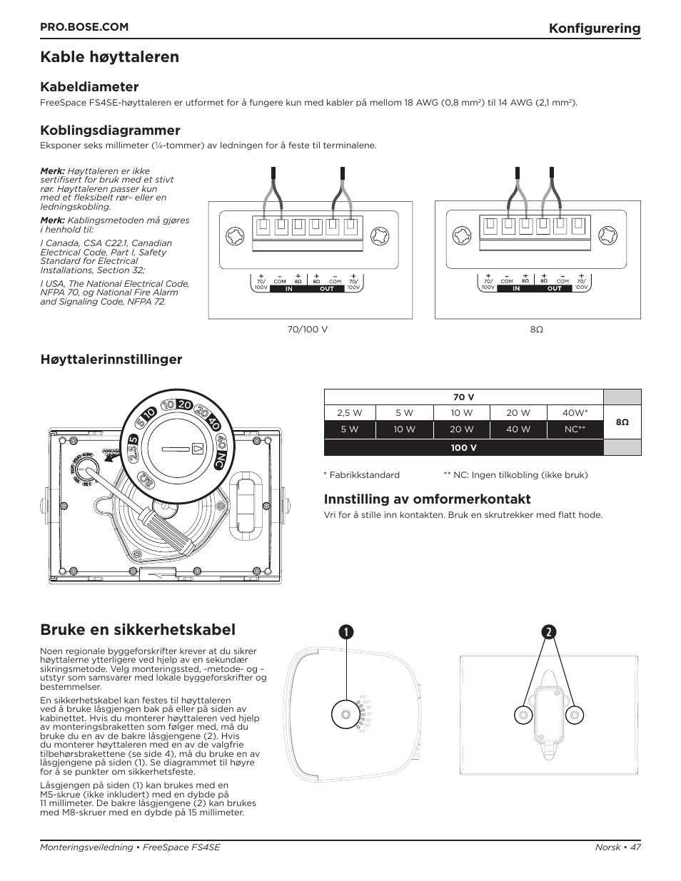 Kable høyttaleren, Bruke en sikkerhetskabel, Konfigurering | Kabeldiameter, Koblingsdiagrammer, Høyttalerinnstillinger, Innstilling av omformerkontakt | Bose Professional FreeSpace FS4SE Surface-Mount Indoor/Outdoor Passive Loudspeaker (Pair, Black) User Manual | Page 47 / 88