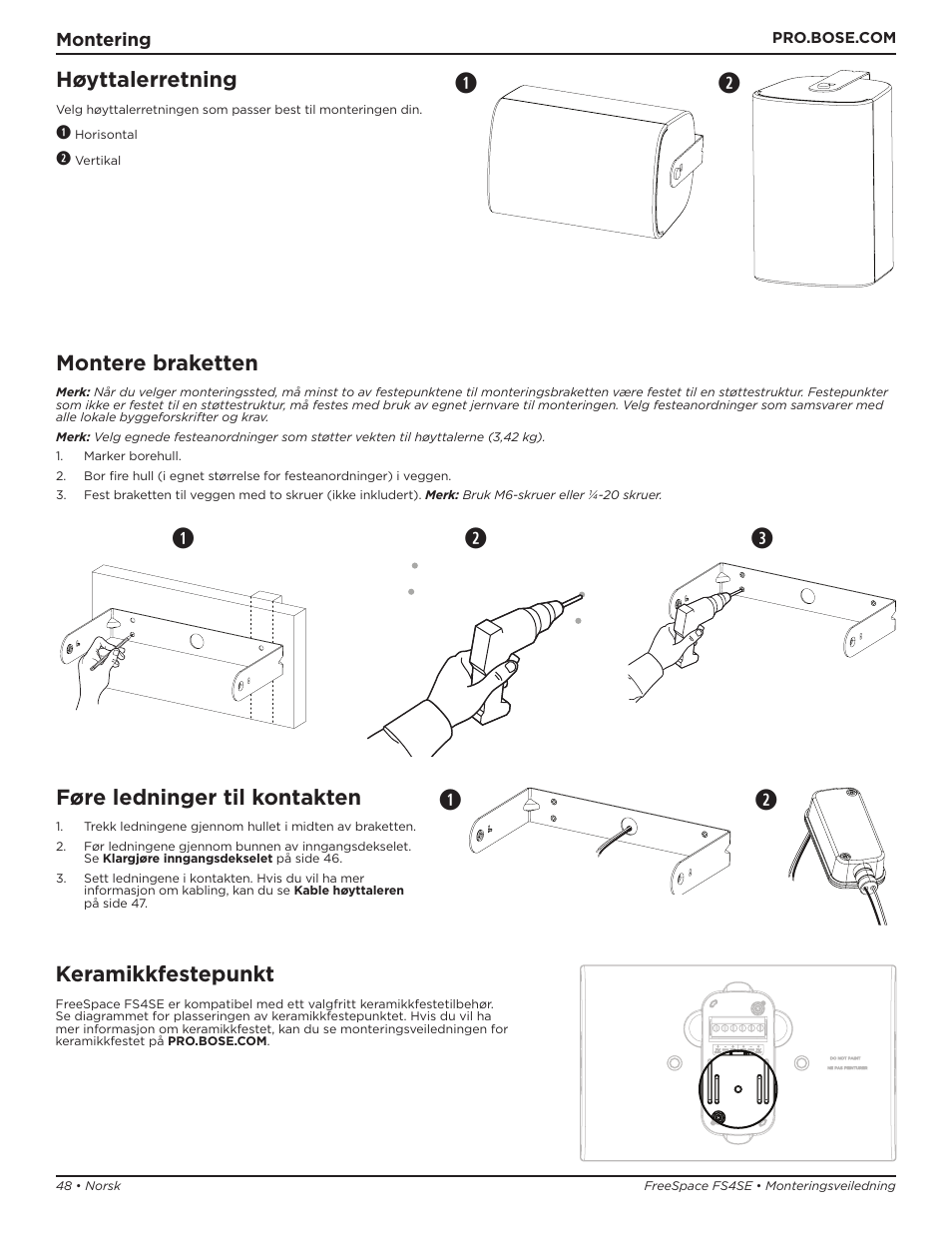 Qw e, Høyttalerretning, Montere braketten | Føre ledninger til kontakten, Keramikkfestepunkt | Bose Professional FreeSpace FS4SE Surface-Mount Indoor/Outdoor Passive Loudspeaker (Pair, Black) User Manual | Page 48 / 88