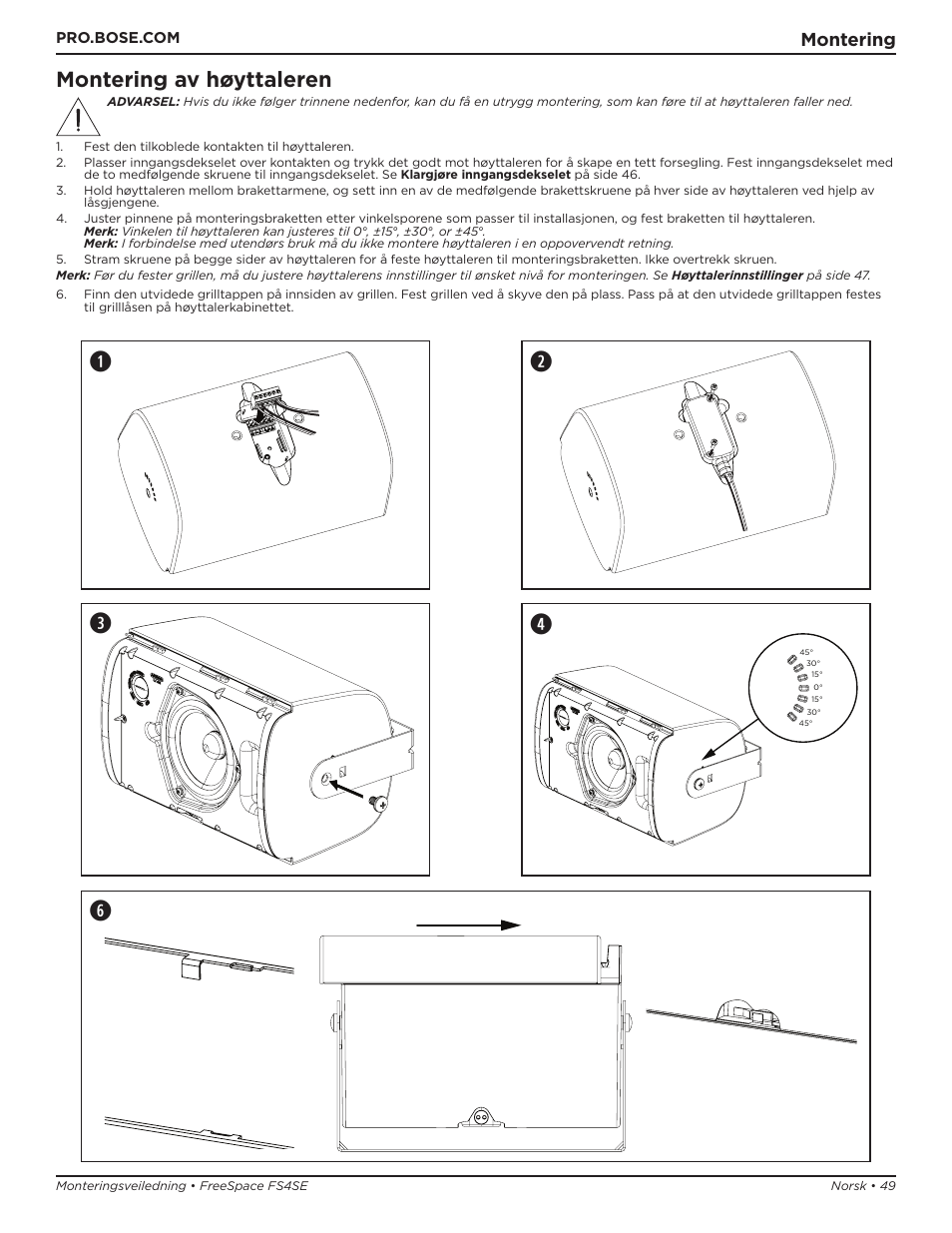 We q, Montering av høyttaleren, Montering | Bose Professional FreeSpace FS4SE Surface-Mount Indoor/Outdoor Passive Loudspeaker (Pair, Black) User Manual | Page 49 / 88