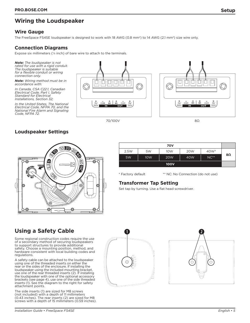 Wiring the loudspeaker, Using a safety cable, Setup | Wire gauge, Connection diagrams, Loudspeaker settings, Transformer tap setting | Bose Professional FreeSpace FS4SE Surface-Mount Indoor/Outdoor Passive Loudspeaker (Pair, Black) User Manual | Page 5 / 88