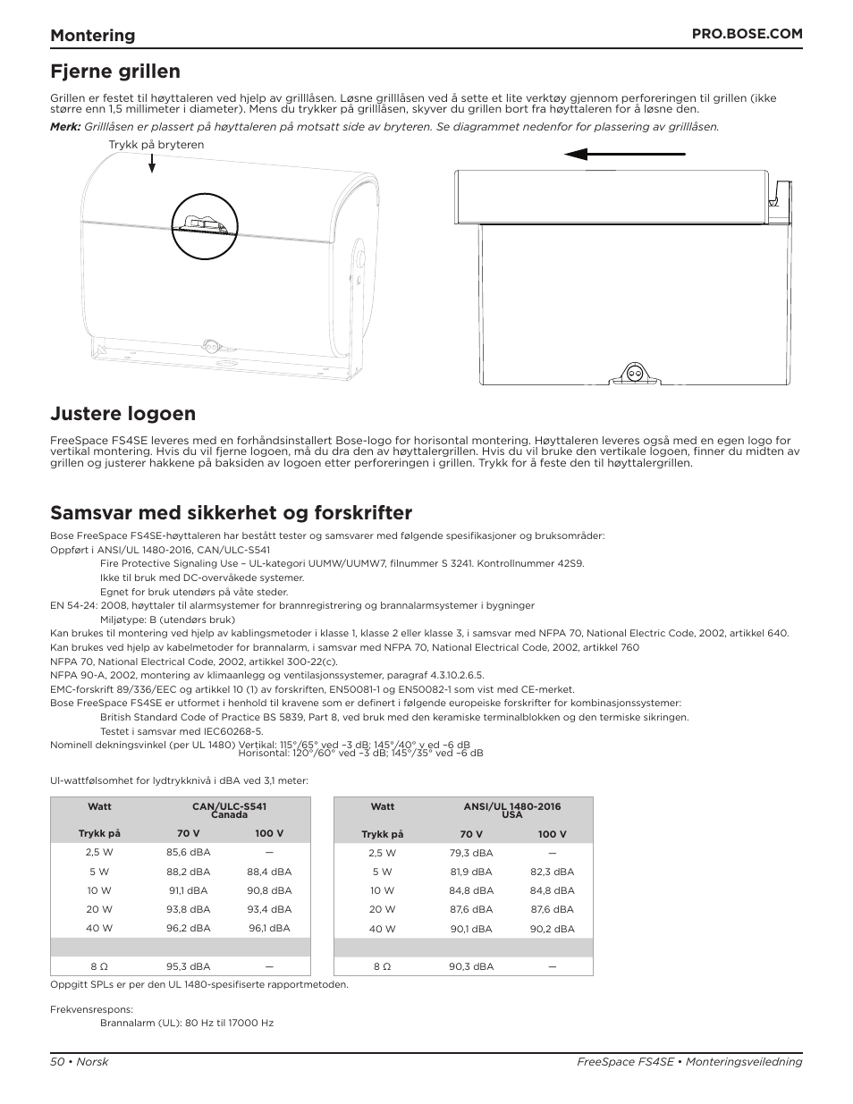 Fjerne grillen, Justere logoen, Samsvar med sikkerhet og forskrifter | Montering | Bose Professional FreeSpace FS4SE Surface-Mount Indoor/Outdoor Passive Loudspeaker (Pair, Black) User Manual | Page 50 / 88