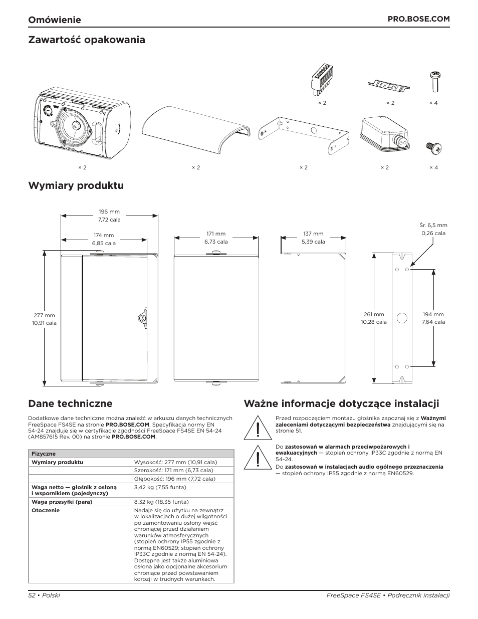 Zawartość opakowania wymiary produktu, Dane techniczne, Ważne informacje dotyczące instalacji | Omówienie | Bose Professional FreeSpace FS4SE Surface-Mount Indoor/Outdoor Passive Loudspeaker (Pair, Black) User Manual | Page 52 / 88