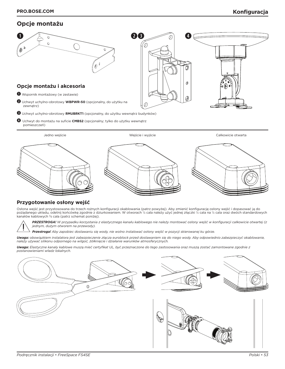 Qe w r, Opcje montażu, Konfiguracja | Opcje montażu i akcesoria q, Przygotowanie osłony wejść | Bose Professional FreeSpace FS4SE Surface-Mount Indoor/Outdoor Passive Loudspeaker (Pair, Black) User Manual | Page 53 / 88