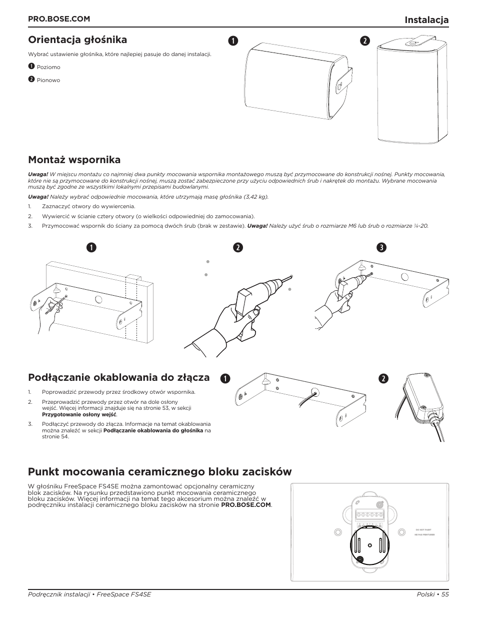 Qw e, Punkt mocowania ceramicznego bloku zacisków, Orientacja głośnika | Montaż wspornika, Podłączanie okablowania do złącza, Instalacja | Bose Professional FreeSpace FS4SE Surface-Mount Indoor/Outdoor Passive Loudspeaker (Pair, Black) User Manual | Page 55 / 88