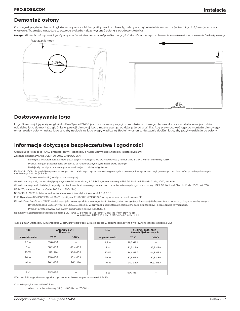 Demontaż osłony, Dostosowywanie logo, Informacje dotyczące bezpieczeństwa i zgodności | Instalacja | Bose Professional FreeSpace FS4SE Surface-Mount Indoor/Outdoor Passive Loudspeaker (Pair, Black) User Manual | Page 57 / 88