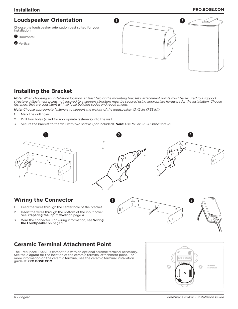 Qw e, Loudspeaker orientation, Installing the bracket | Wiring the connector, Ceramic terminal attachment point | Bose Professional FreeSpace FS4SE Surface-Mount Indoor/Outdoor Passive Loudspeaker (Pair, Black) User Manual | Page 6 / 88