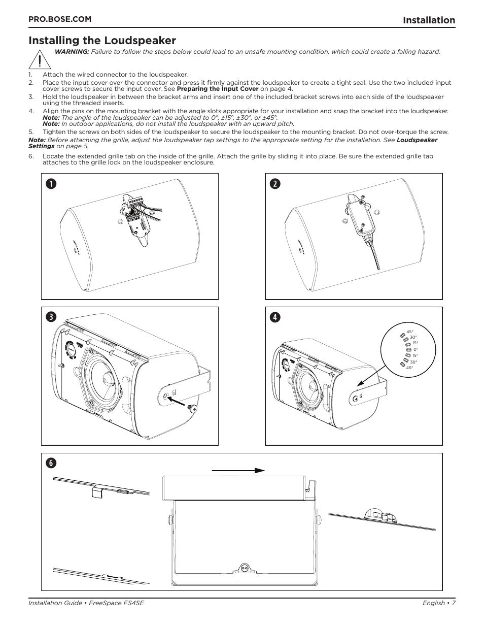 We q, Installing the loudspeaker, Installation | Bose Professional FreeSpace FS4SE Surface-Mount Indoor/Outdoor Passive Loudspeaker (Pair, Black) User Manual | Page 7 / 88