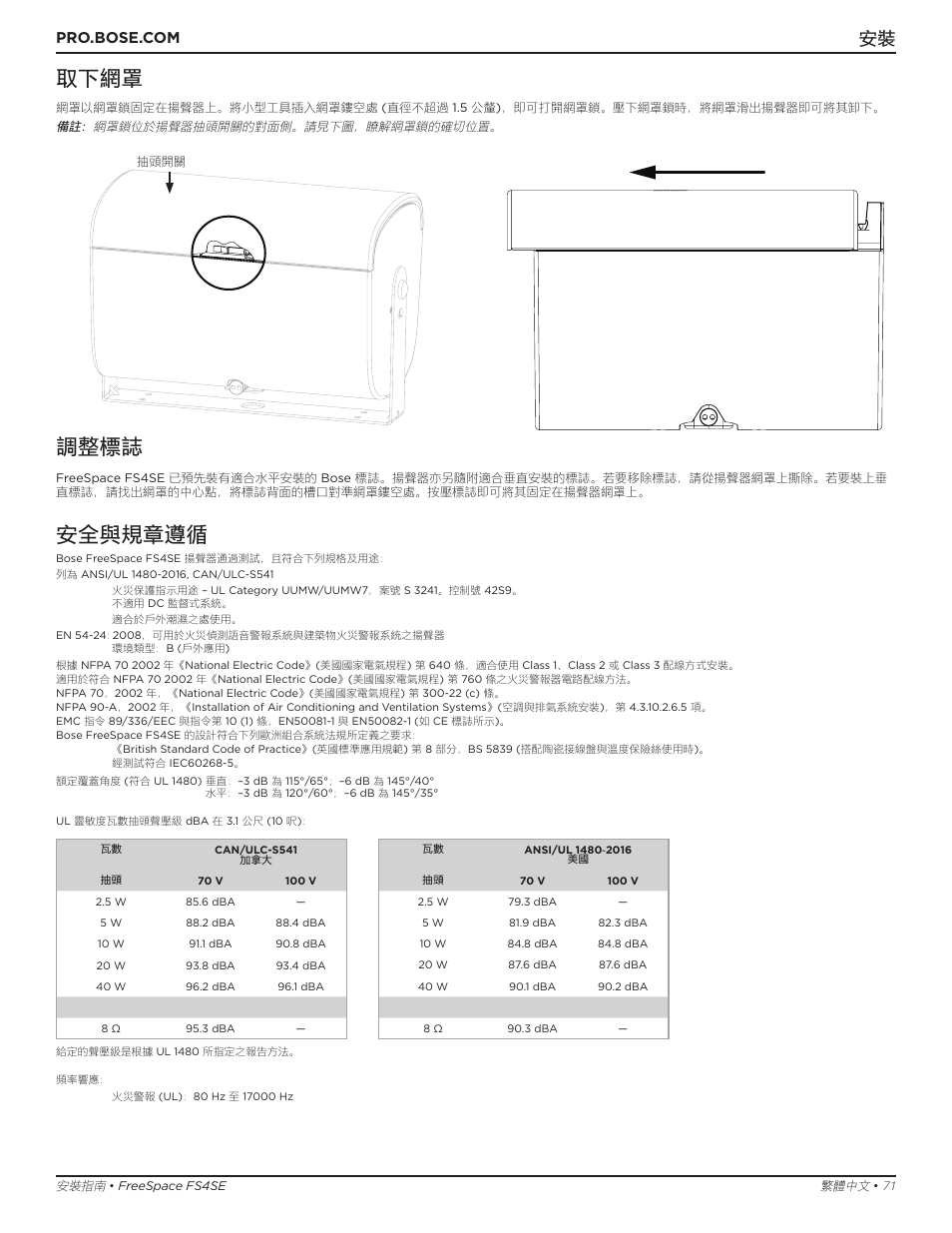 取下網罩, 調整標誌, 安全與規章遵循 | Bose Professional FreeSpace FS4SE Surface-Mount Indoor/Outdoor Passive Loudspeaker (Pair, Black) User Manual | Page 71 / 88