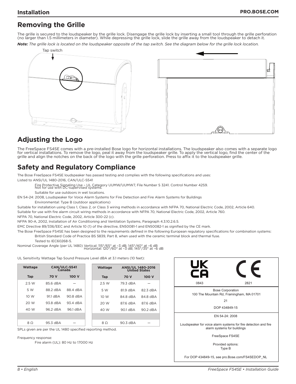 Removing the grille, Adjusting the logo, Safety and regulatory compliance | Installation | Bose Professional FreeSpace FS4SE Surface-Mount Indoor/Outdoor Passive Loudspeaker (Pair, Black) User Manual | Page 8 / 88