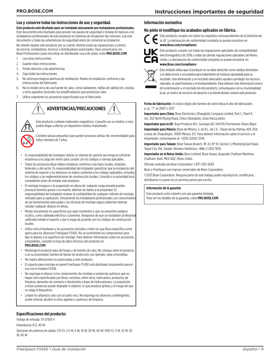 Guía de instalación, Instrucciones importantes de seguridad, Advertencias/precauciones | Bose Professional FreeSpace FS4SE Surface-Mount Indoor/Outdoor Passive Loudspeaker (Pair, Black) User Manual | Page 9 / 88