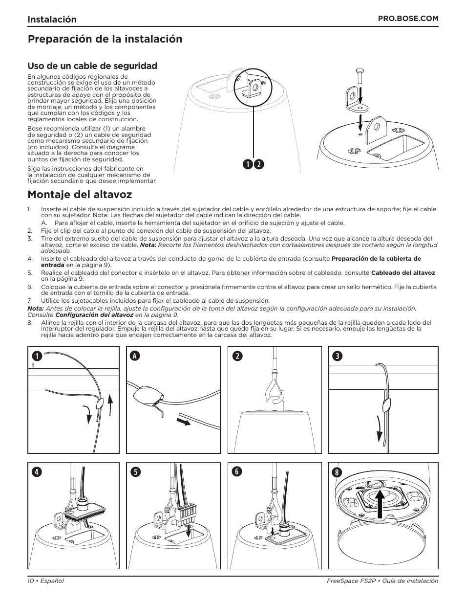 Montaje del altavoz, Preparación de la instalación | Bose Professional FreeSpace FS2P 2.25" 20W Passive Pendant-Mount Loudspeaker (Pair, Black) User Manual | Page 10 / 64