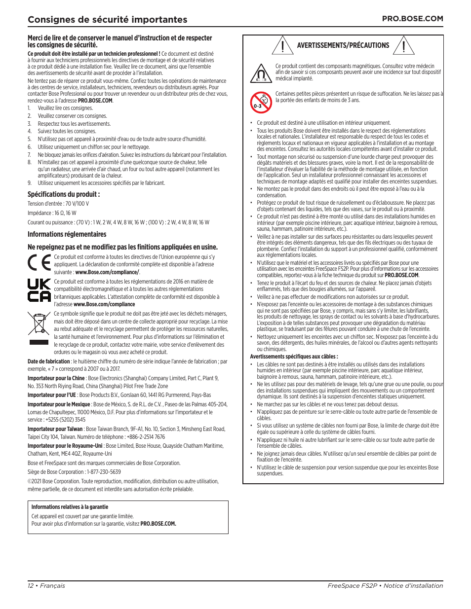 Notice d’installation, Consignes de sécurité importantes | Bose Professional FreeSpace FS2P 2.25" 20W Passive Pendant-Mount Loudspeaker (Pair, Black) User Manual | Page 12 / 64