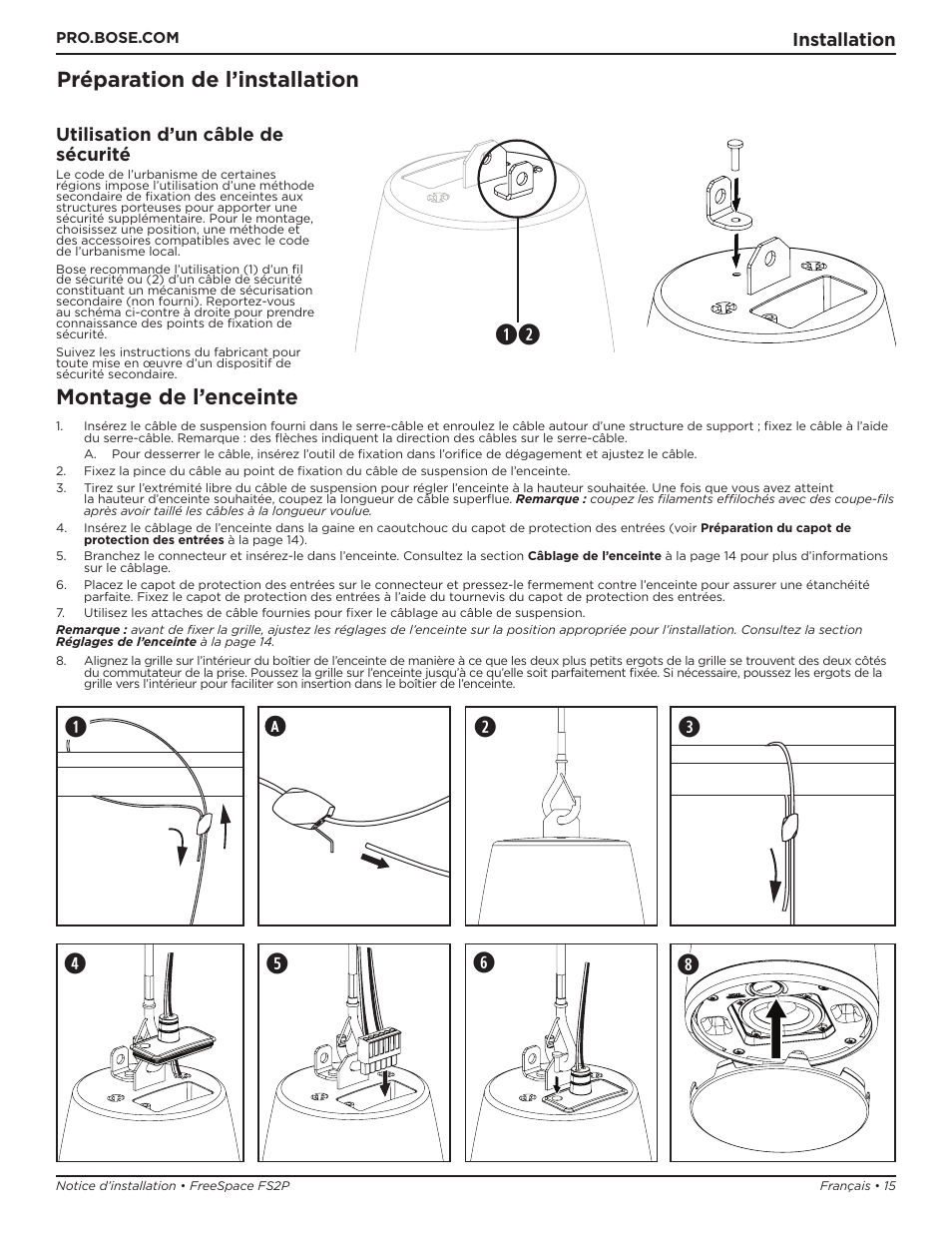 Montage de l’enceinte, Préparation de l’installation | Bose Professional FreeSpace FS2P 2.25" 20W Passive Pendant-Mount Loudspeaker (Pair, Black) User Manual | Page 15 / 64
