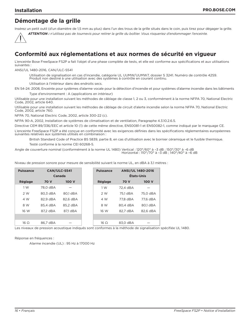 Démontage de la grille, Installation | Bose Professional FreeSpace FS2P 2.25" 20W Passive Pendant-Mount Loudspeaker (Pair, Black) User Manual | Page 16 / 64