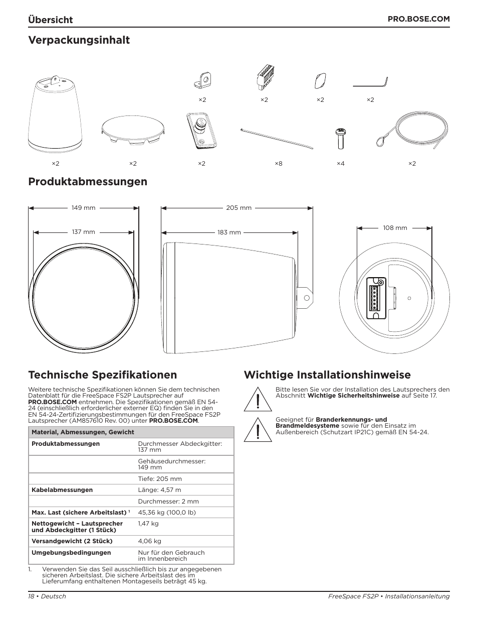 Verpackungsinhalt produktabmessungen, Technische spezifikationen, Wichtige installationshinweise | Übersicht | Bose Professional FreeSpace FS2P 2.25" 20W Passive Pendant-Mount Loudspeaker (Pair, Black) User Manual | Page 18 / 64