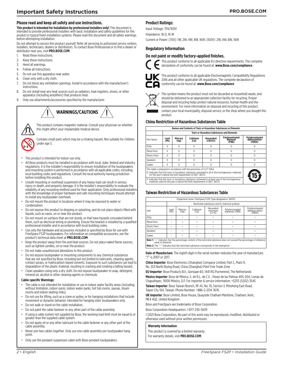 Installation guide, Important safety instructions, Warnings/cautions | China restriction of hazardous substances table, Taiwan restriction of hazardous substances table, Product ratings | Bose Professional FreeSpace FS2P 2.25" 20W Passive Pendant-Mount Loudspeaker (Pair, Black) User Manual | Page 2 / 64