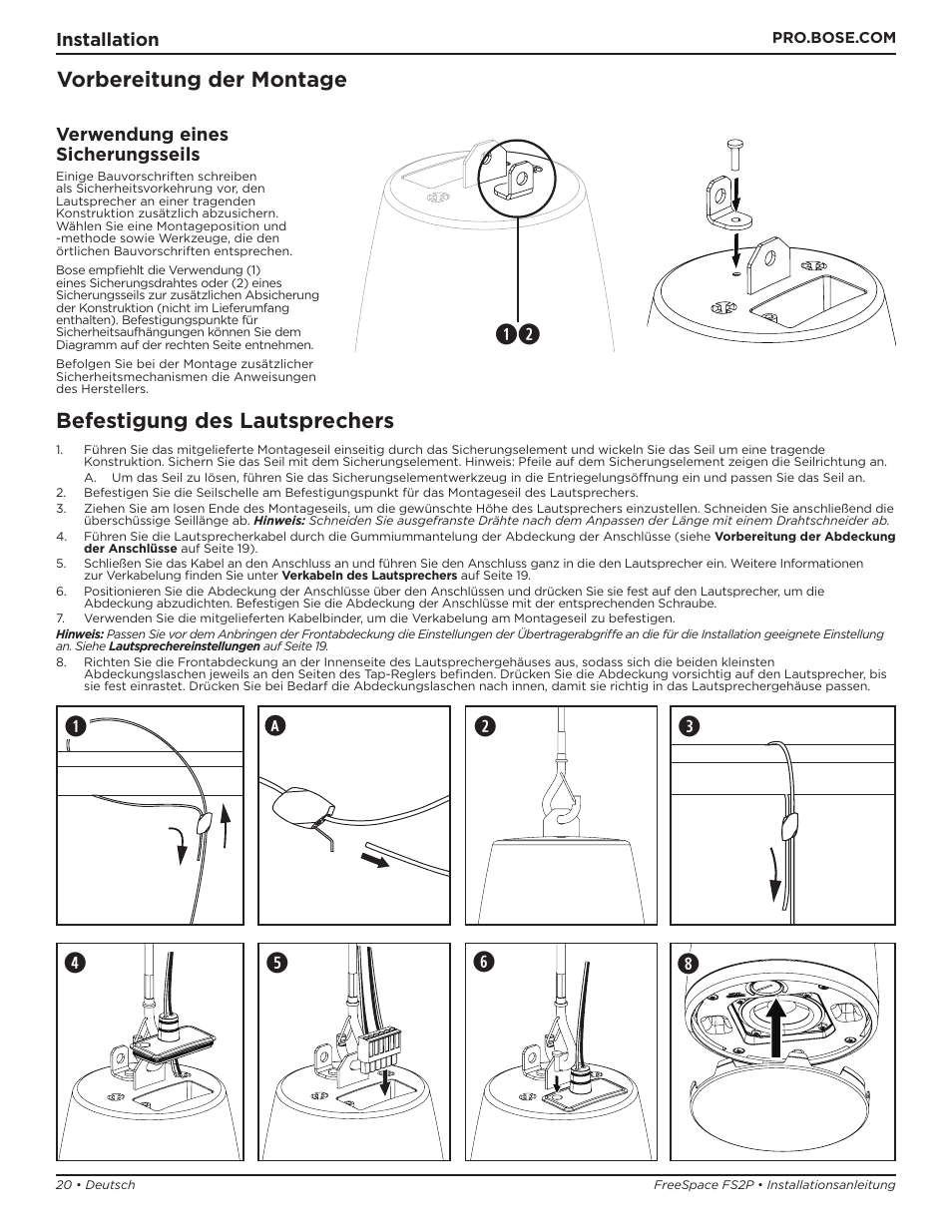 Befestigung des lautsprechers, Vorbereitung der montage | Bose Professional FreeSpace FS2P 2.25" 20W Passive Pendant-Mount Loudspeaker (Pair, Black) User Manual | Page 20 / 64