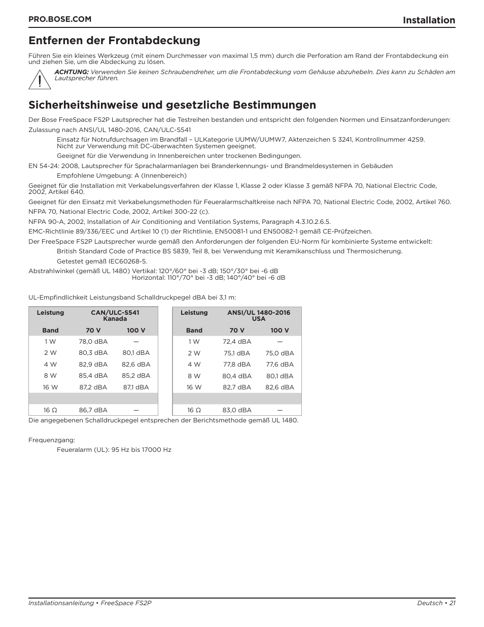Sicherheitshinweise und gesetzliche bestimmungen, Entfernen der frontabdeckung, Installation | Bose Professional FreeSpace FS2P 2.25" 20W Passive Pendant-Mount Loudspeaker (Pair, Black) User Manual | Page 21 / 64