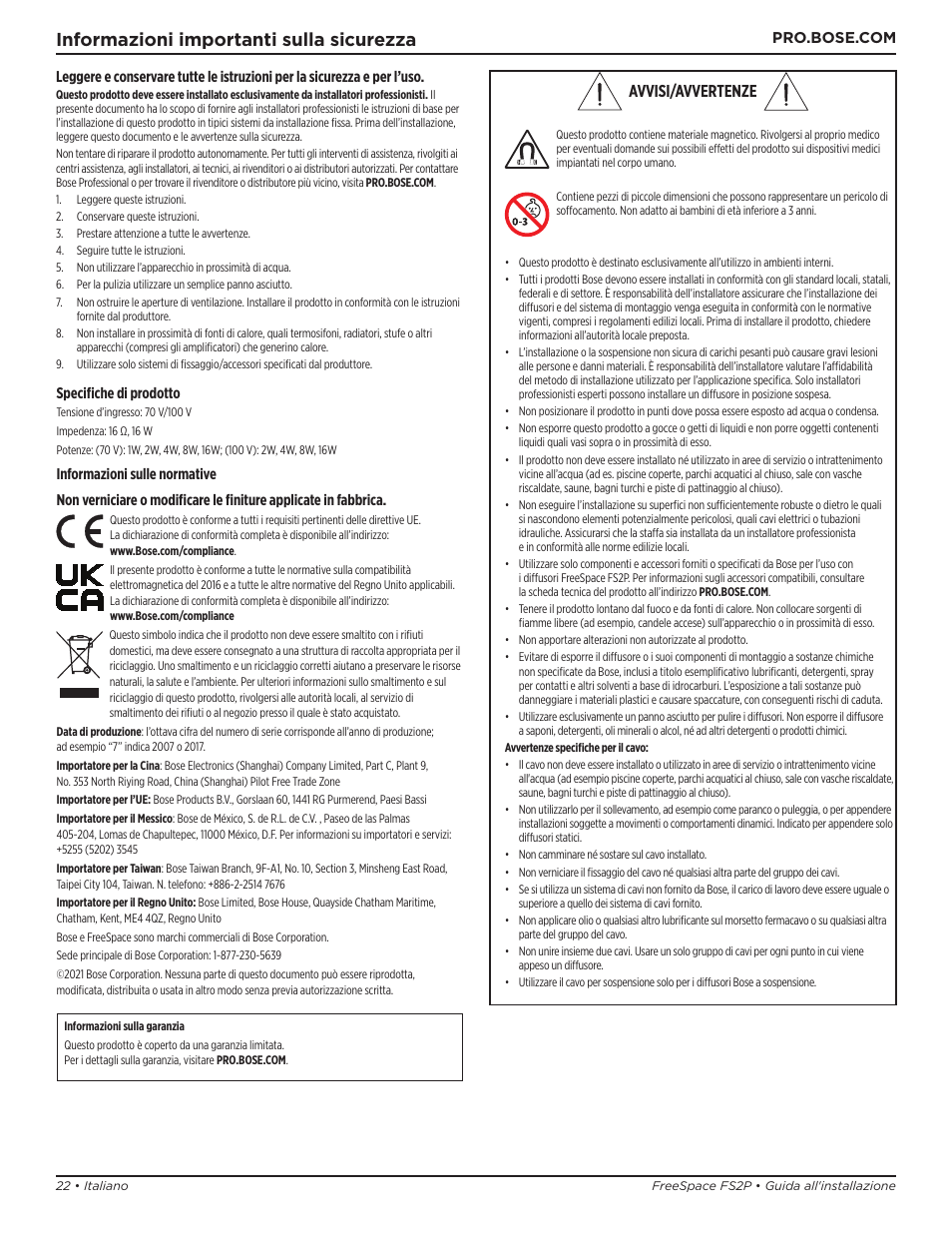 Guida all'installazione, Informazioni importanti sulla sicurezza, Avvisi/avvertenze | Bose Professional FreeSpace FS2P 2.25