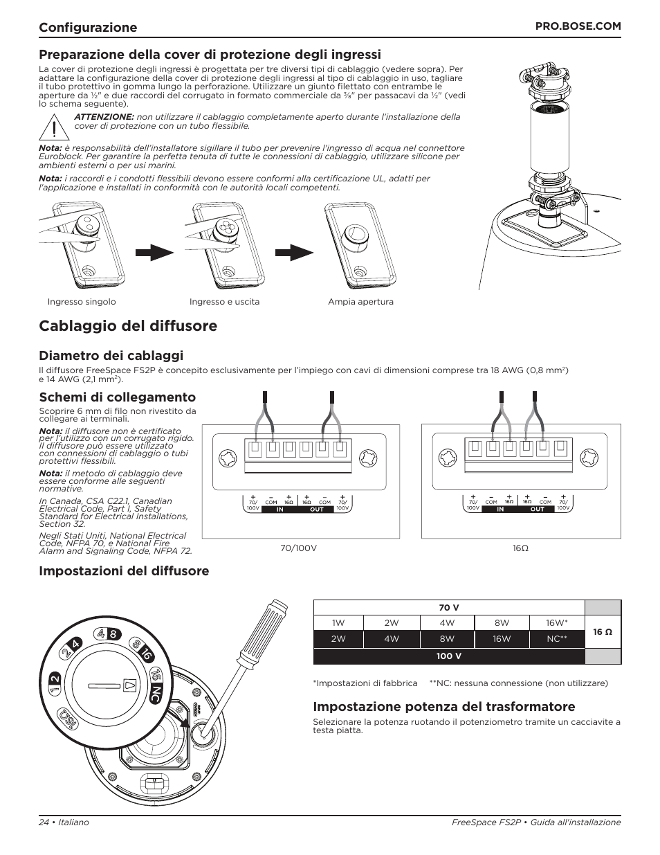 Cablaggio del diffusore, Configurazione, Diametro dei cablaggi | Schemi di collegamento, Impostazioni del diffusore, Impostazione potenza del trasformatore | Bose Professional FreeSpace FS2P 2.25" 20W Passive Pendant-Mount Loudspeaker (Pair, Black) User Manual | Page 24 / 64