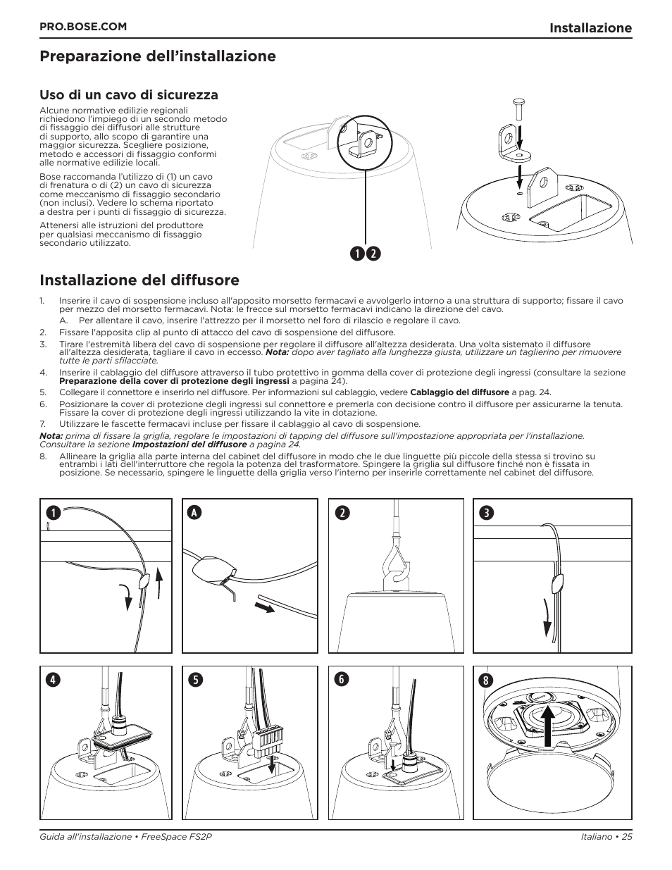 Preparazione dell’installazione, Installazione del diffusore | Bose Professional FreeSpace FS2P 2.25" 20W Passive Pendant-Mount Loudspeaker (Pair, Black) User Manual | Page 25 / 64
