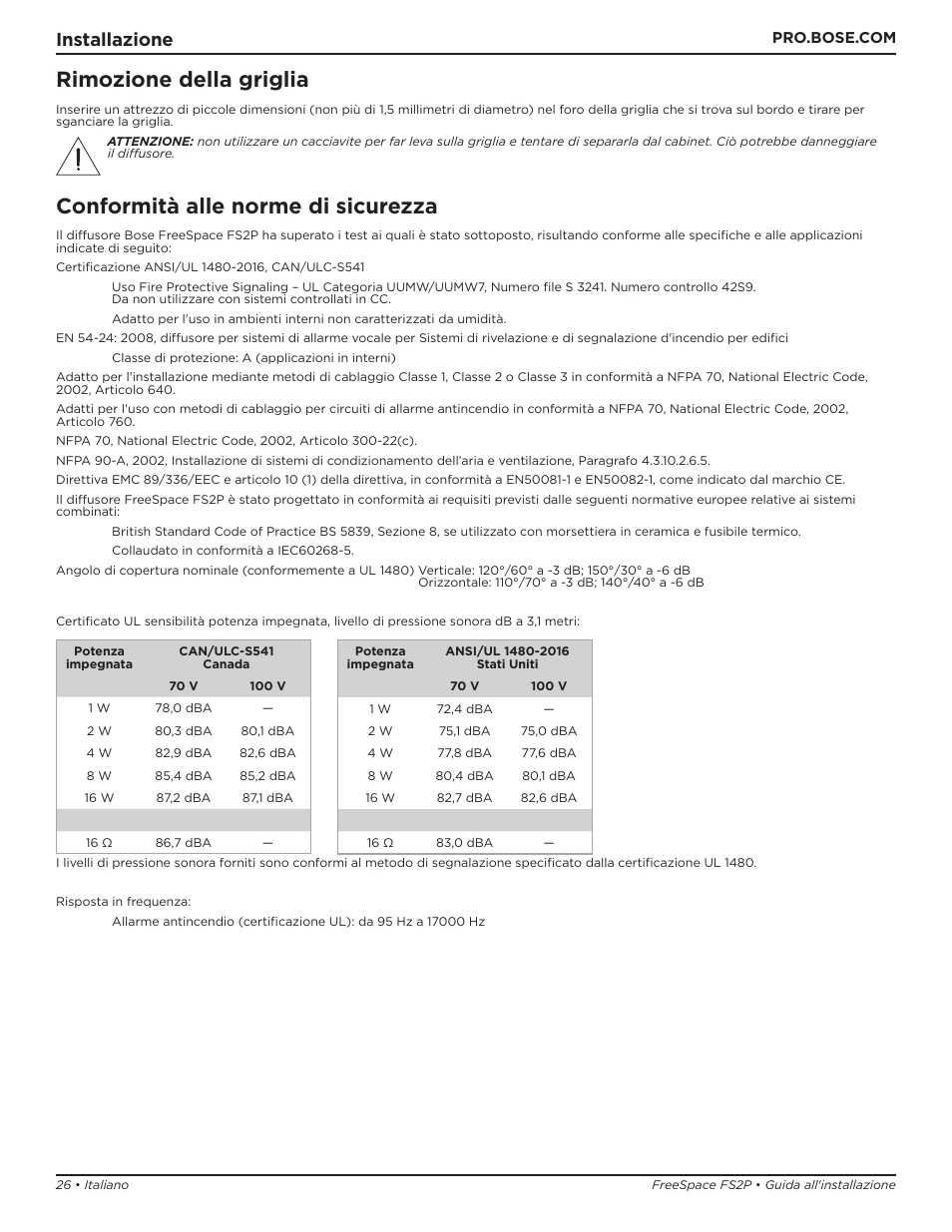 Conformità alle norme di sicurezza, Rimozione della griglia, Installazione | Bose Professional FreeSpace FS2P 2.25" 20W Passive Pendant-Mount Loudspeaker (Pair, Black) User Manual | Page 26 / 64