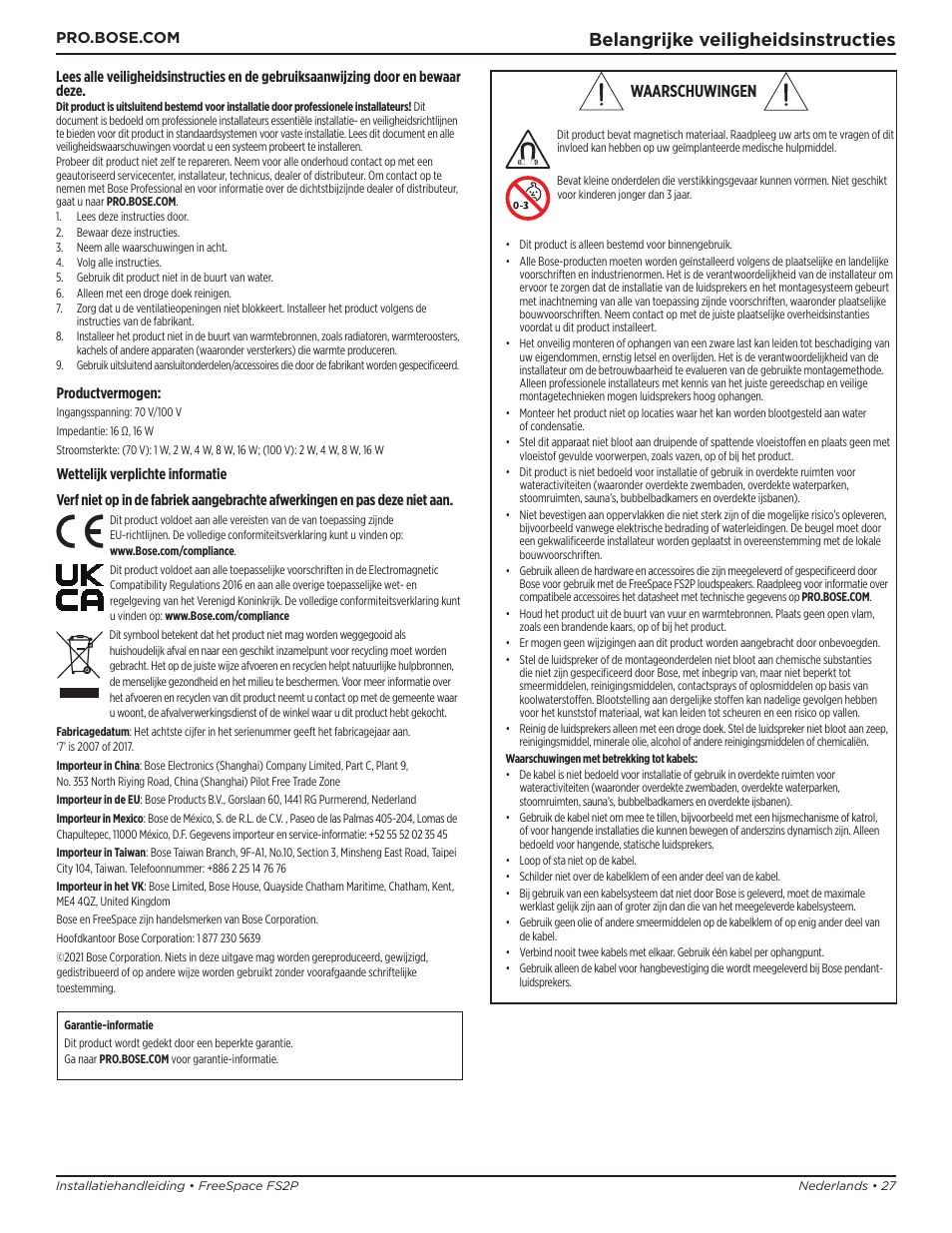 Installatiehandleiding, Belangrijke veiligheidsinstructies, Waarschuwingen | Bose Professional FreeSpace FS2P 2.25" 20W Passive Pendant-Mount Loudspeaker (Pair, Black) User Manual | Page 27 / 64