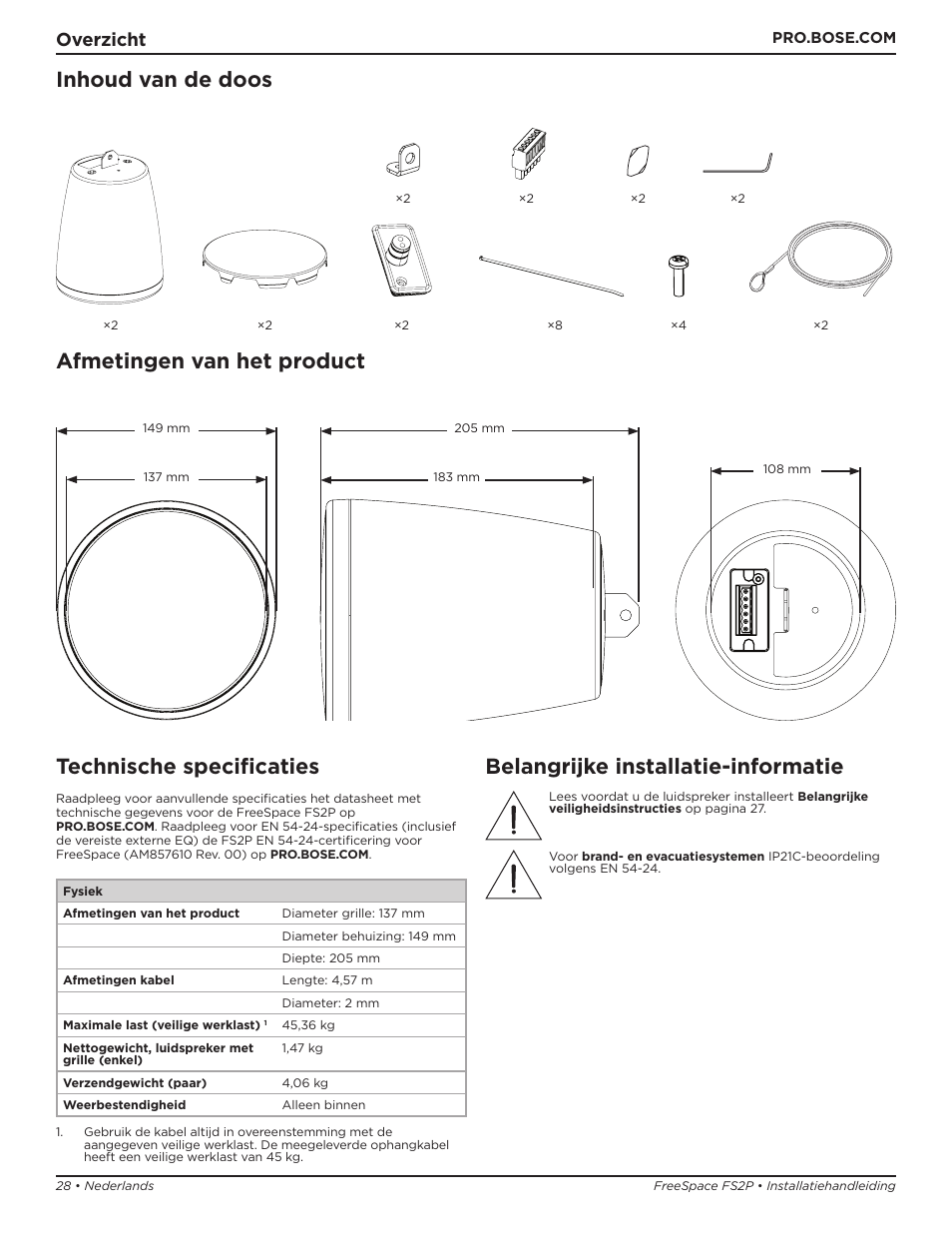 Inhoud van de doos afmetingen van het product, Technische specificaties, Belangrijke installatie-informatie | Overzicht | Bose Professional FreeSpace FS2P 2.25" 20W Passive Pendant-Mount Loudspeaker (Pair, Black) User Manual | Page 28 / 64