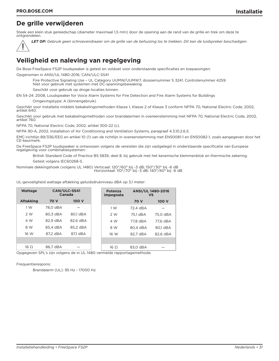 Veiligheid en naleving van regelgeving, De grille verwijderen, Installatie | Bose Professional FreeSpace FS2P 2.25" 20W Passive Pendant-Mount Loudspeaker (Pair, Black) User Manual | Page 31 / 64